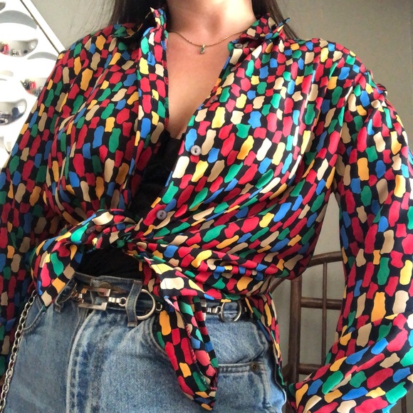 Vintage Multicolor Print Button Down Medium - Picture 1 of 8